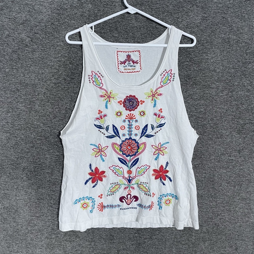 JW Los Angeles Tank Top Womens Medium White Embroidered Floral Scoop Neck Boho